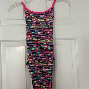 TYR One Piece Neon Geometric Pink Strappy Back Swimsuit
